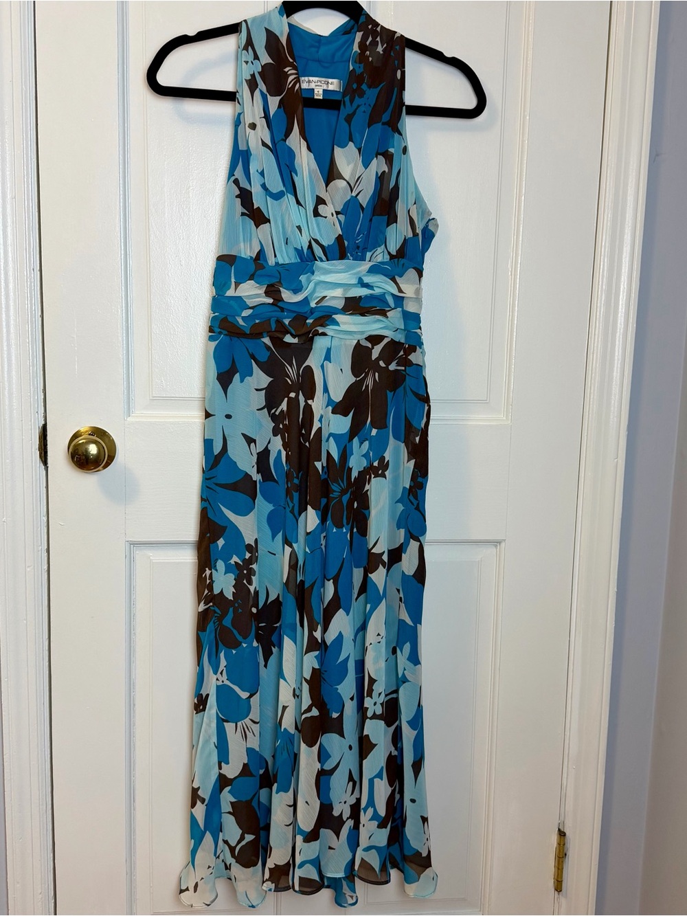 Evan-Picone Brown Blue & White Floral Midi Halter Dress, Size 6